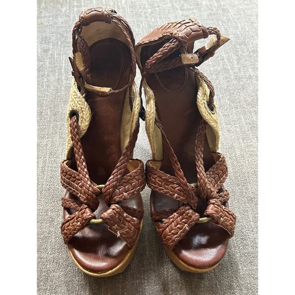 FRYE Leather Braided Platform Heels Wooden Size 8 - Picture 8 of 10